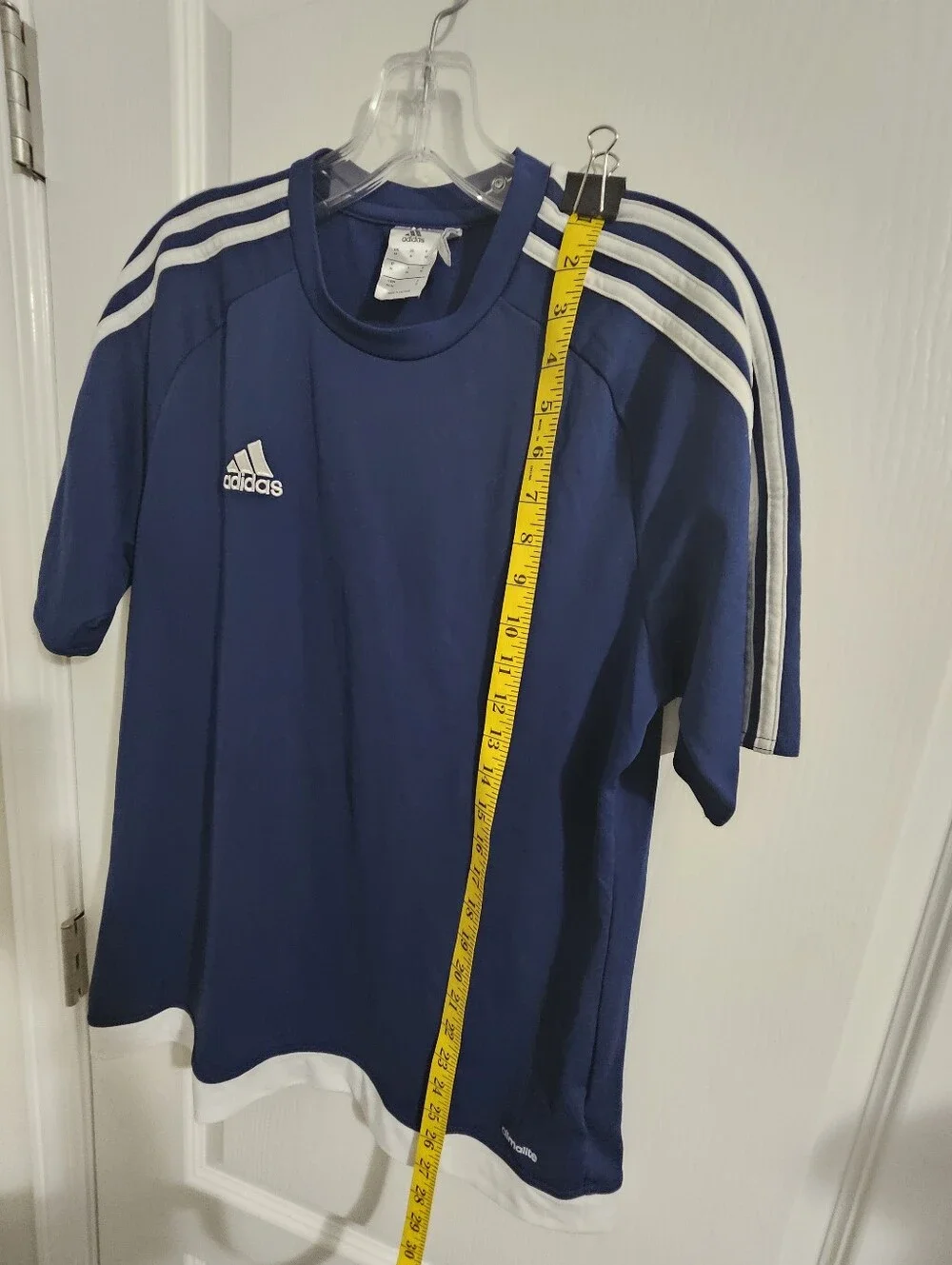 adidas Navy Short-Sleeve Athletic Tee with White Stripes,  Size Medium